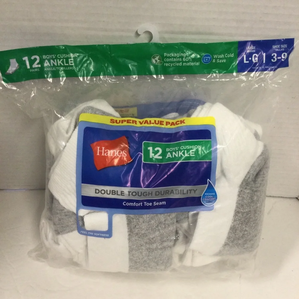 Hanes Boys White Ankle Socks - 12 Pack Sz L